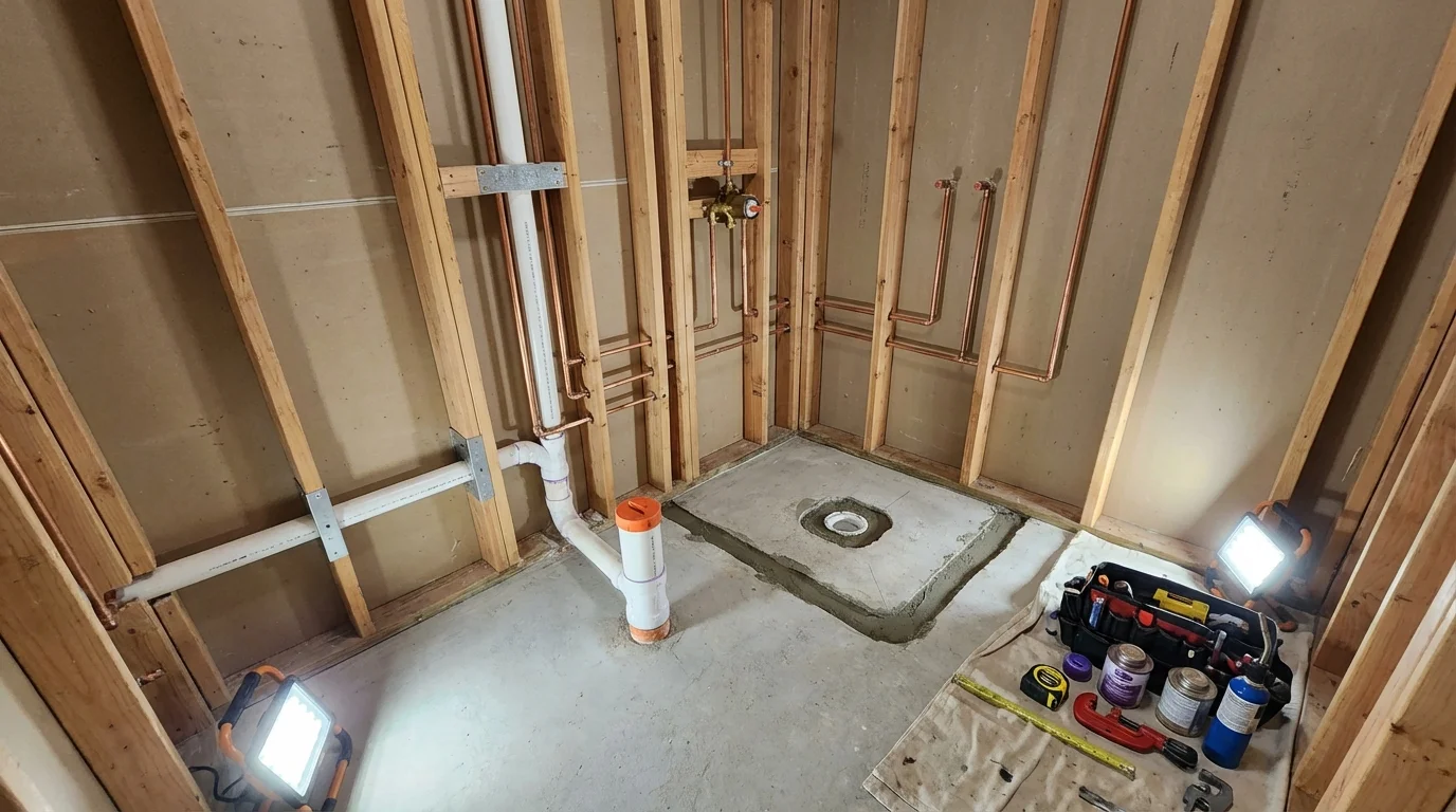 Bathroom rough-in plumbing during remodel by Johns Plumbing LLC in Barling