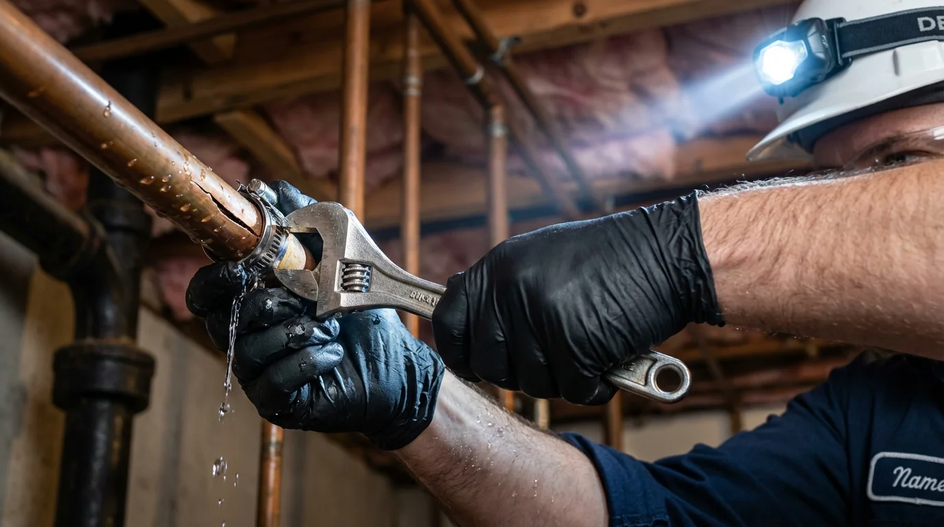 Emergency pipe clamp repair being performed by a Johns Plumbing LLC plumber in Barling