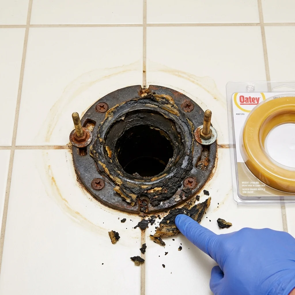 Failed wax ring showing water seepage at the base of a toilet in a Barling, AR home