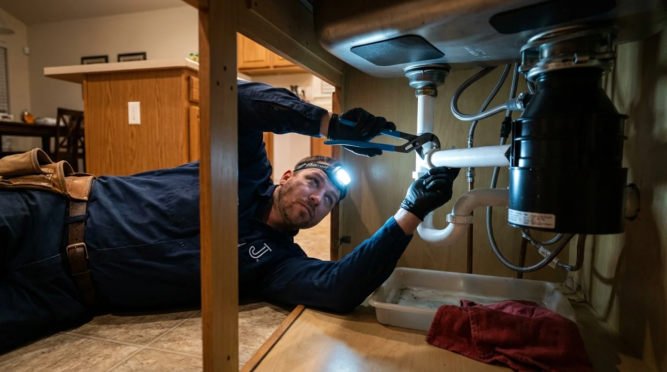 P-trap and supply line connections under a kitchen sink showing a common leak point in Barling, AR